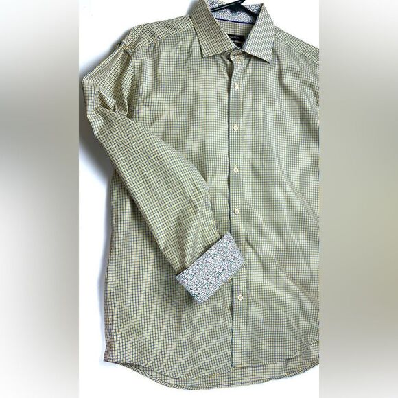 Bugatchi Shape Fit Checked Yellow and Blue Shirt - Picture 1 of 10